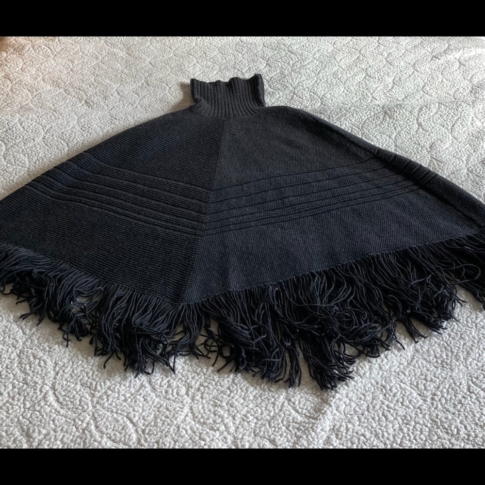Turtleneck Poncho Pullover w/Fringed Edges